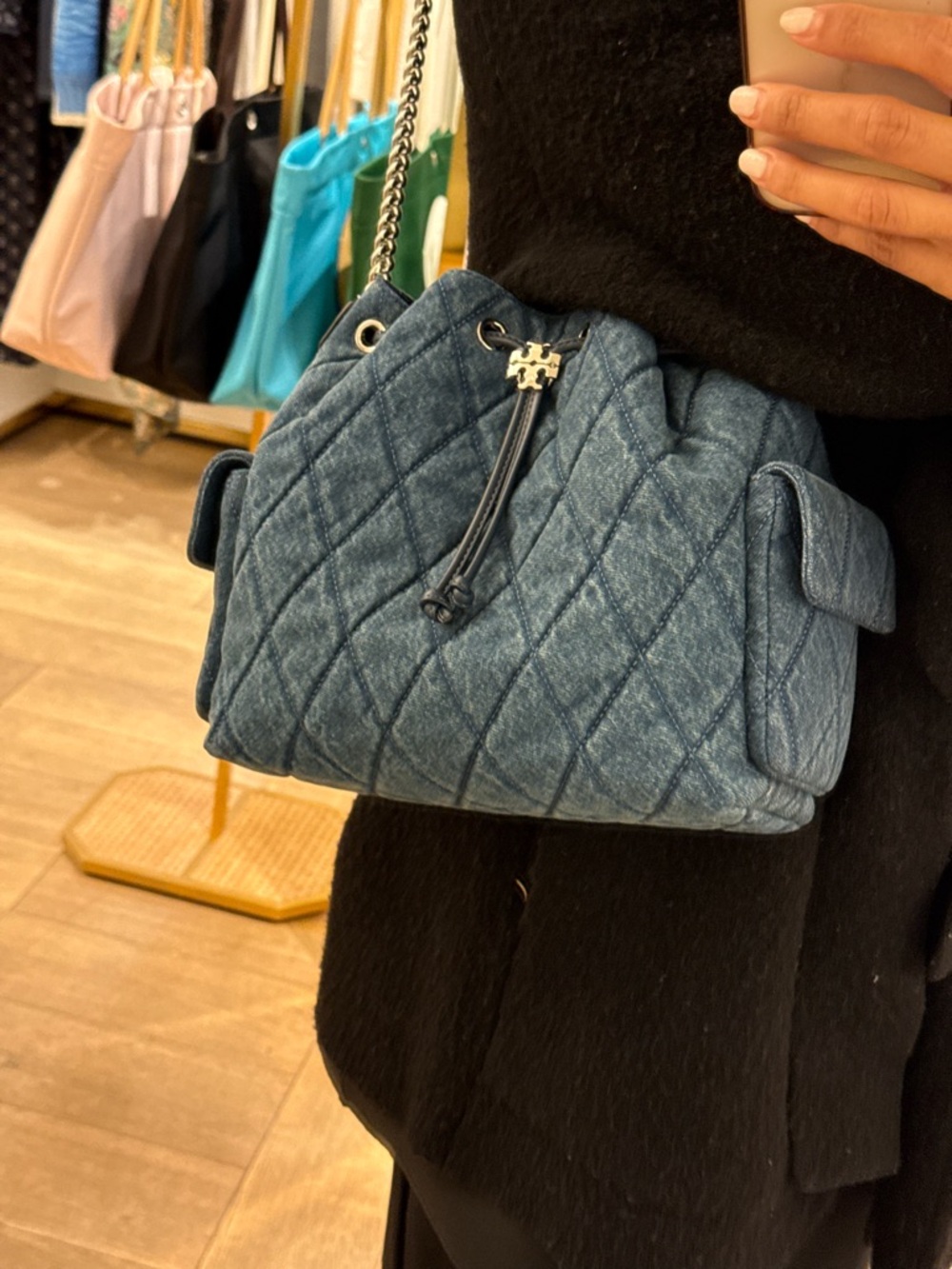 NWT - Tory Burch Charlie Small Quilted Denim Drawstring Shoulder Bag - Blue